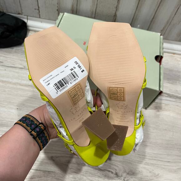 New! Ted Baker Lime Leather Cayena Block Heel Square Toe Sandals Womens Size 6.5 - Picture 3 of 7